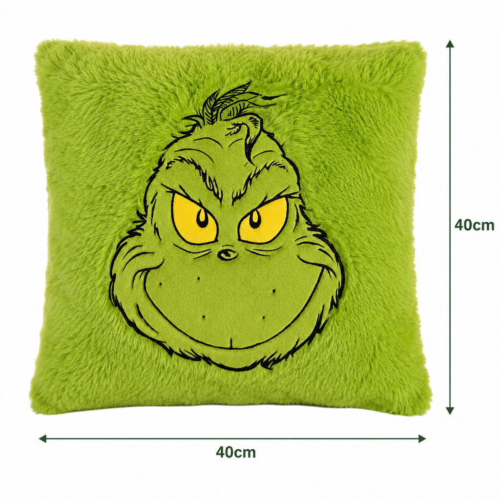Grinch plush cushion dimensions — 40cm wide and 40cm tall, square shape with Grinch face print