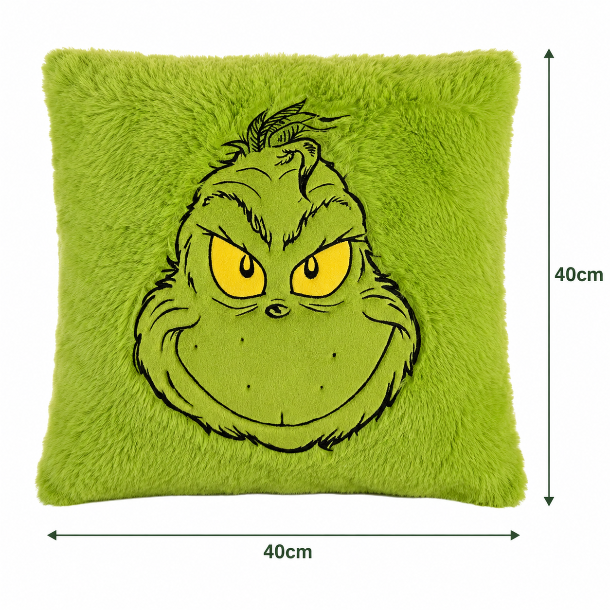 Grinch plush cushion dimensions — 40cm wide and 40cm tall, square shape with Grinch face print