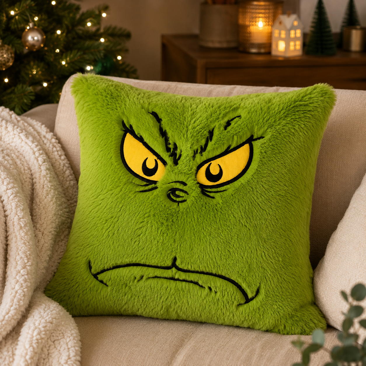 Grinch grumpy face plush cushion on a cream sofa next to a lit Christmas tree with warm fairy lights