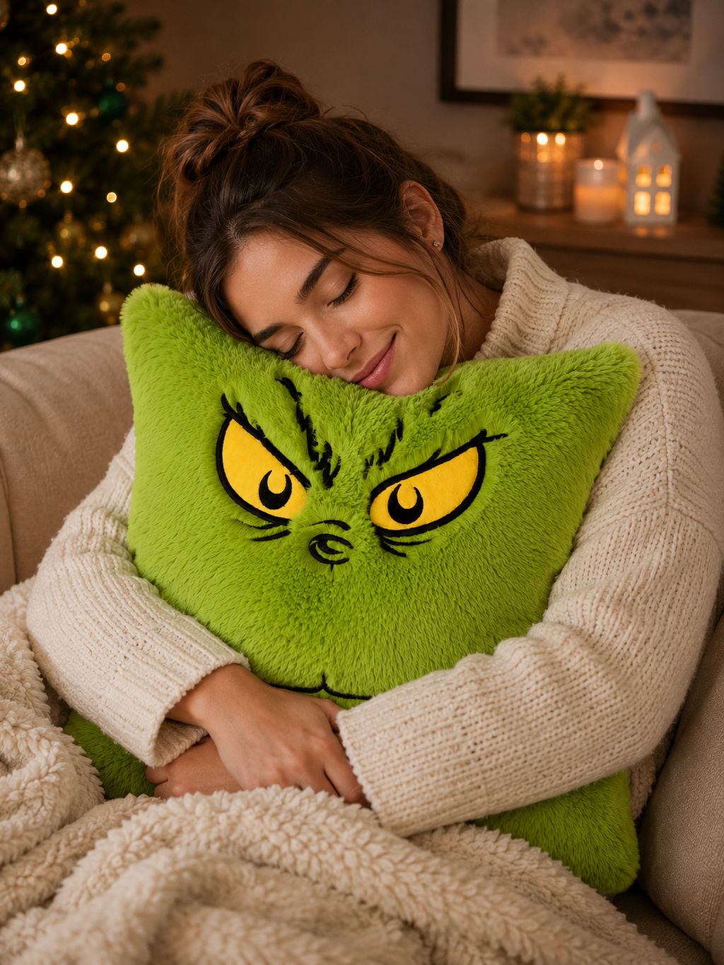 Woman in a cream knit jumper hugging a Grinch grumpy face plush cushion while sitting on a sofa with candles in the background