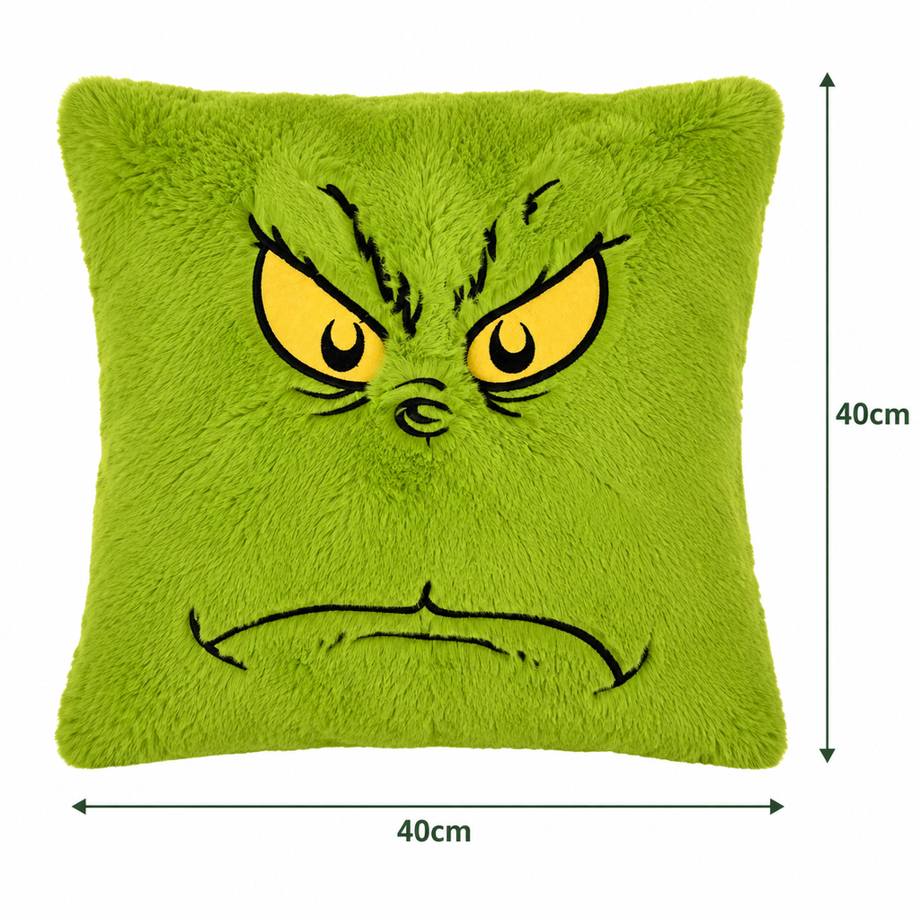 Grinch grumpy face plush cushion dimensions — 40cm wide and 40cm tall