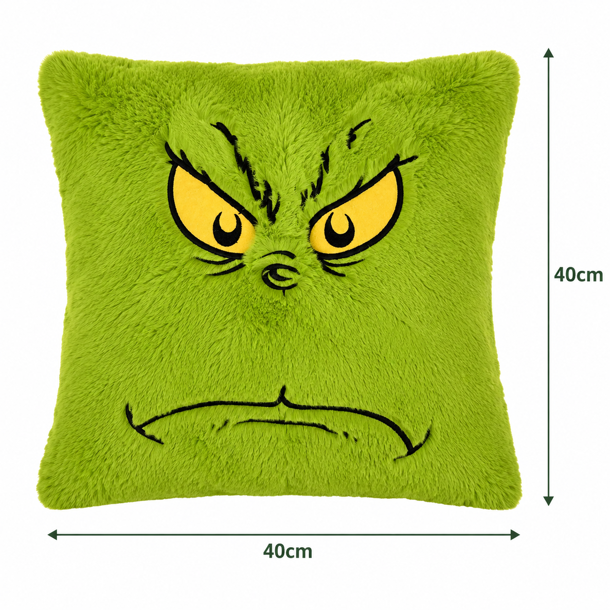 Grinch grumpy face plush cushion dimensions — 40cm wide and 40cm tall