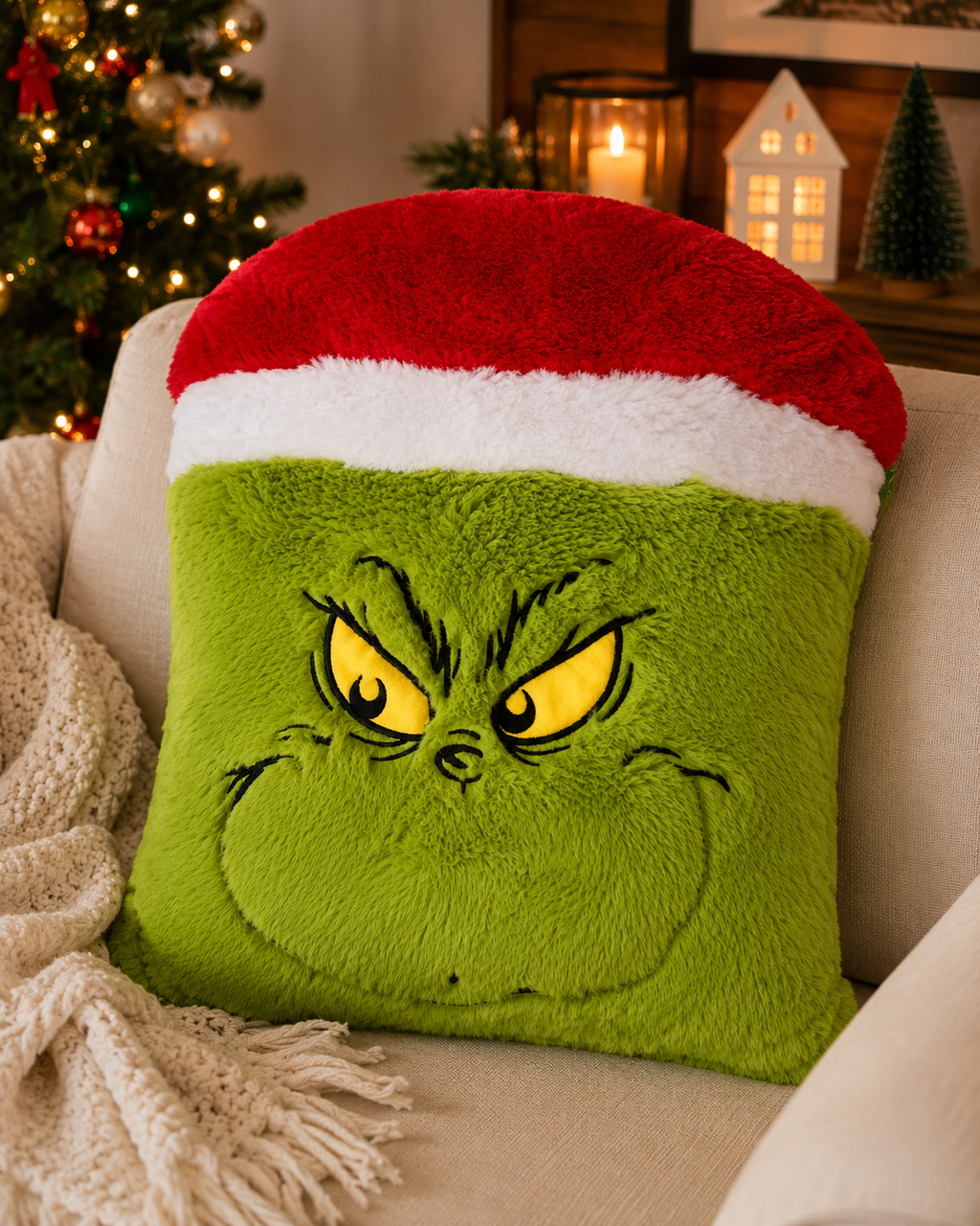 Large Grinch Santa hat plush cushion on a cream sofa next to a Christmas tree with red and gold ornaments