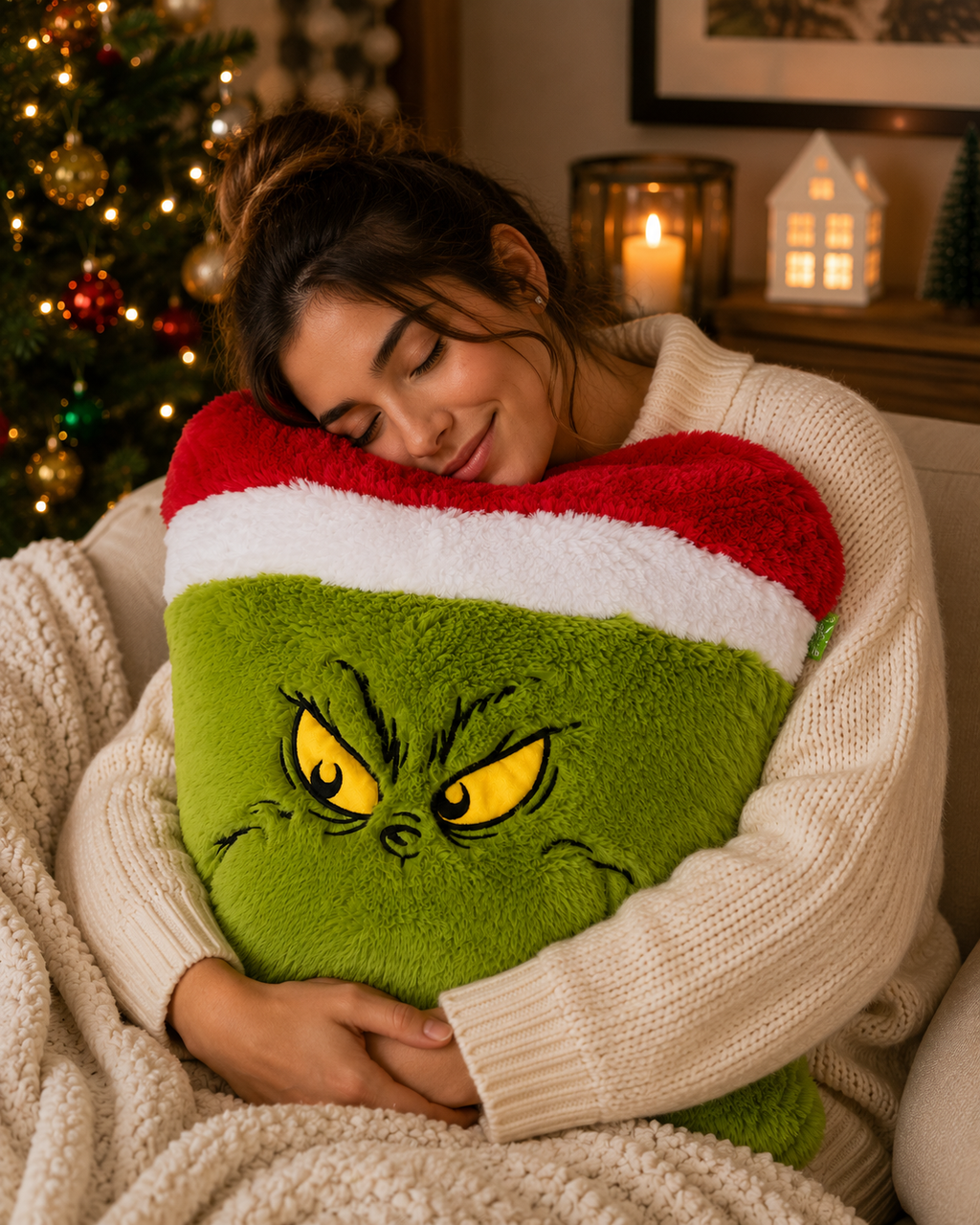 Woman in a cream knit jumper hugging a large Grinch Santa hat plush cushion while sitting on a sofa near a lit Christmas tree
