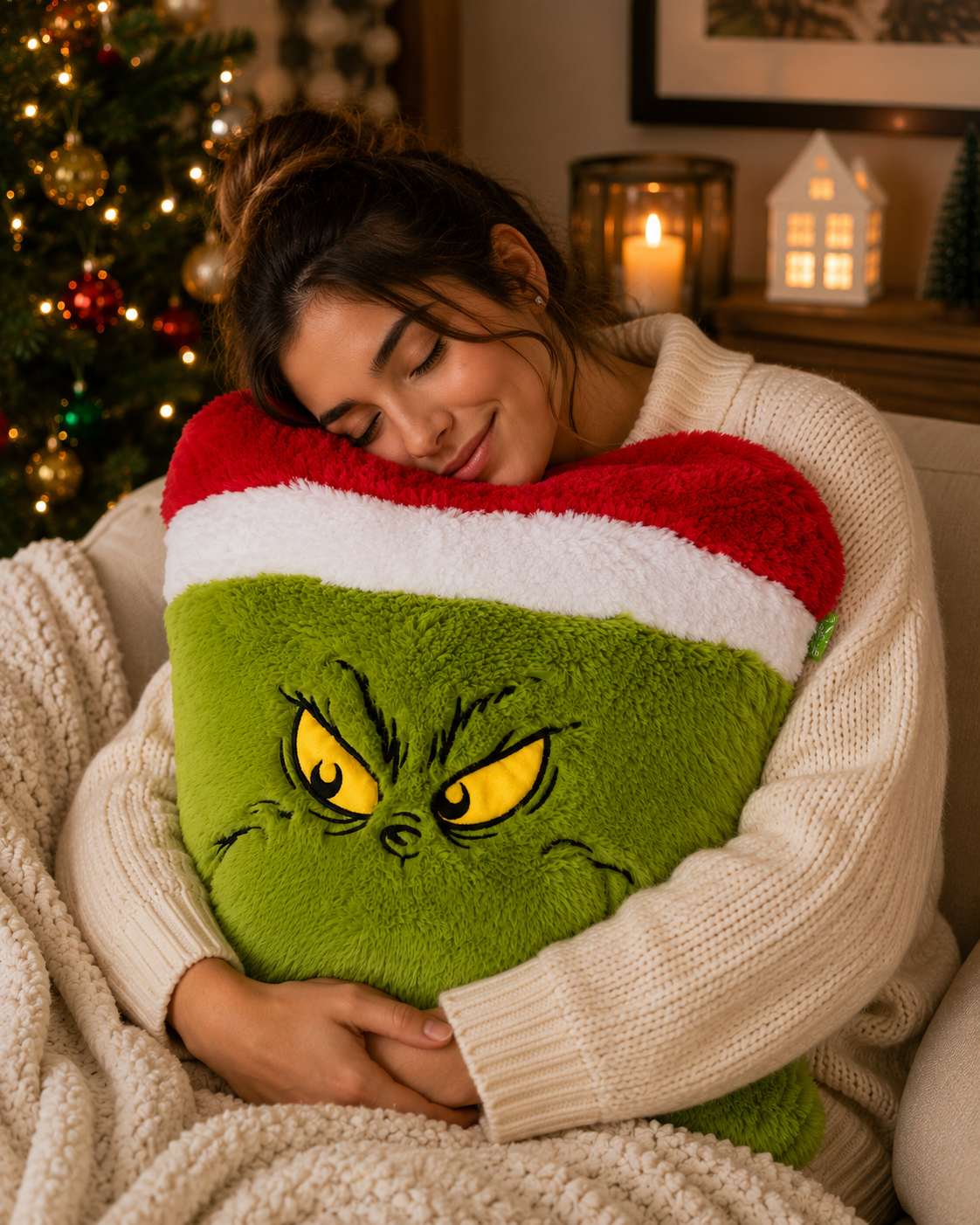 Woman in a cream knit jumper hugging a large Grinch Santa hat plush cushion while sitting on a sofa near a lit Christmas tree
