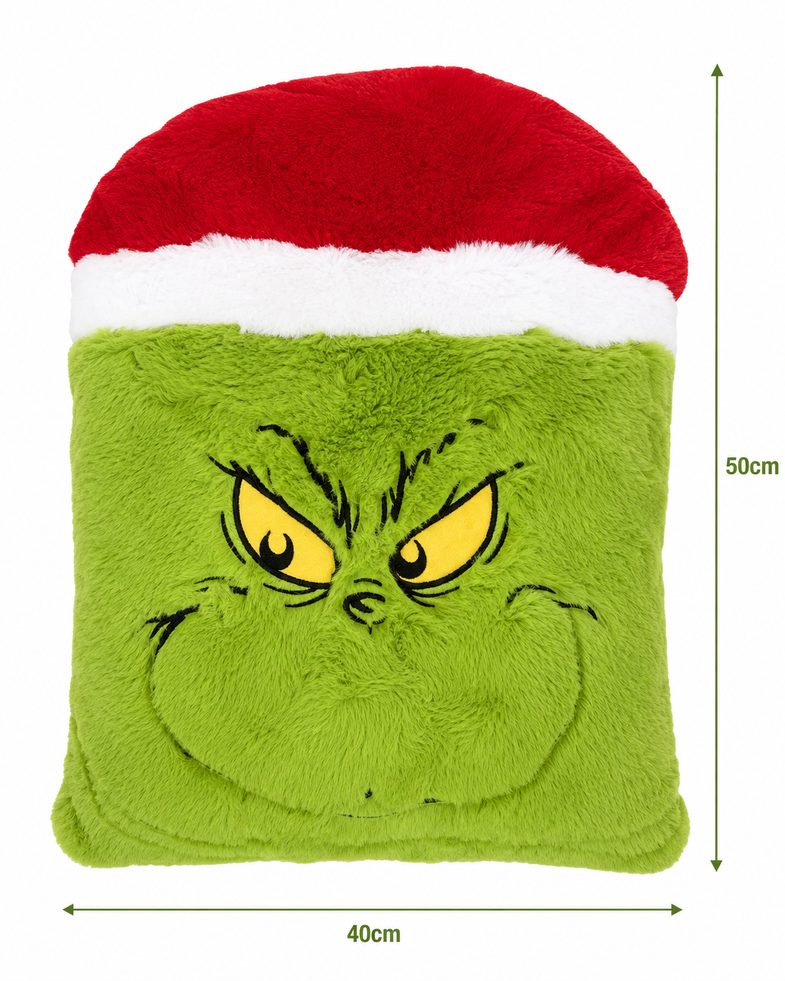 Grinch Santa hat plush cushion dimensions — 50cm tall and 40cm wide