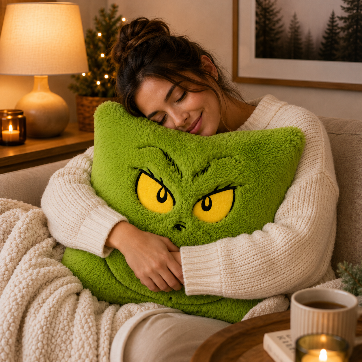 Woman in a cream knit jumper hugging a Grinch scheming smirk plush cushion on a sofa with candles and a Christmas tree in the background