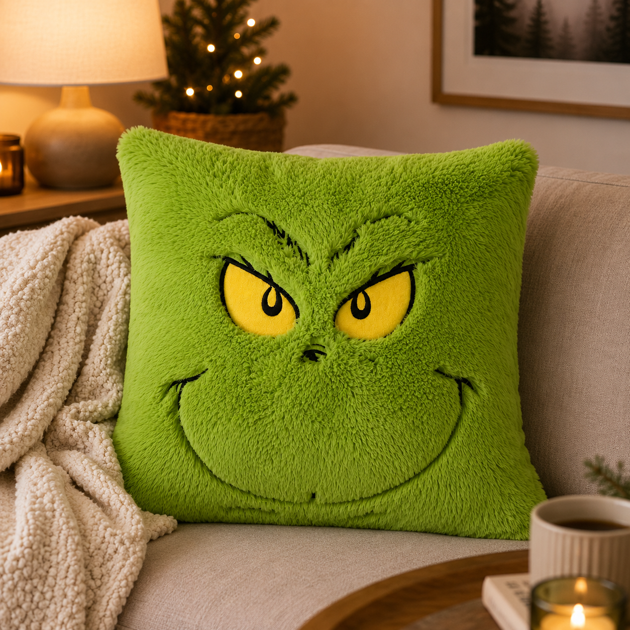 Grinch scheming smirk plush cushion on a cream sofa with a knit throw, lamp and small Christmas tree in the background