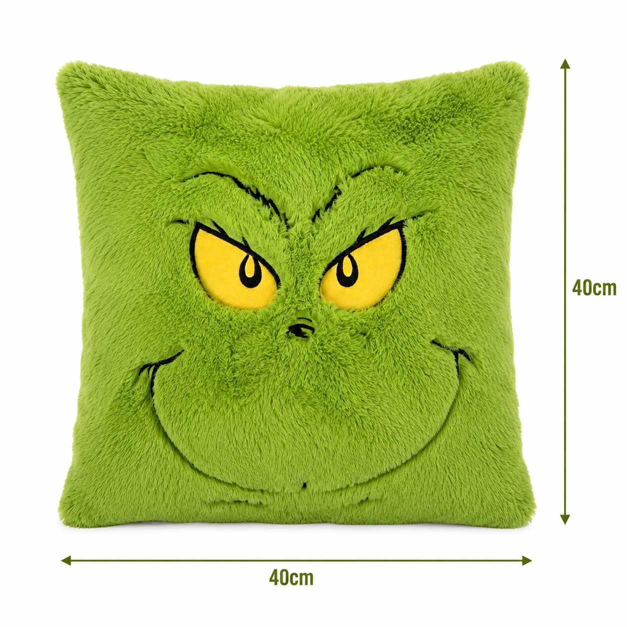Grinch scheming smirk plush cushion dimensions — 40cm wide and 40cm tall