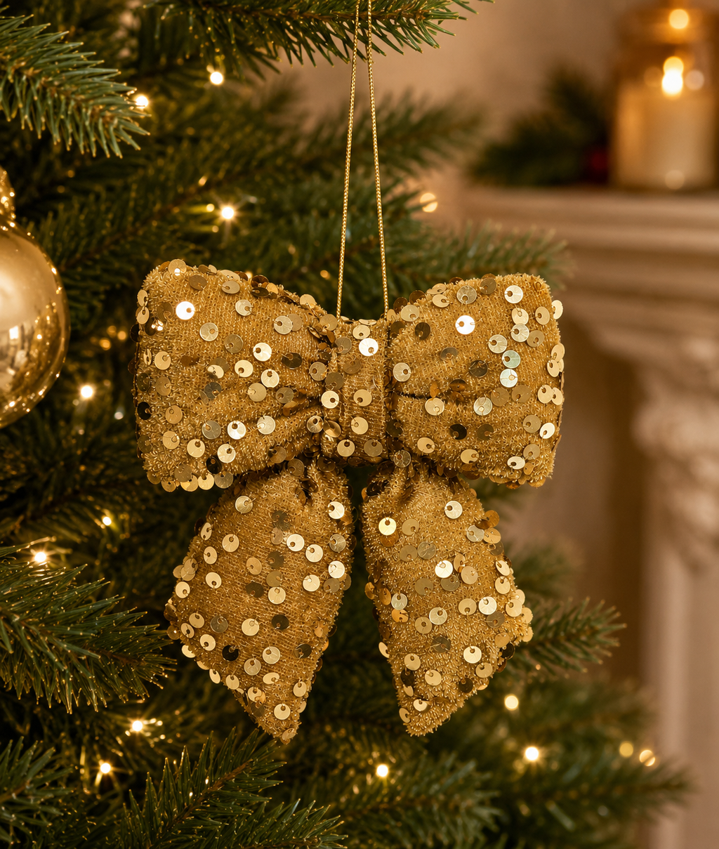 Gold velvet sequin bow Christmas ornament hanging on decorated tree — deep antique gold velvet bow with scattered sequins glowing warmly in tree lights