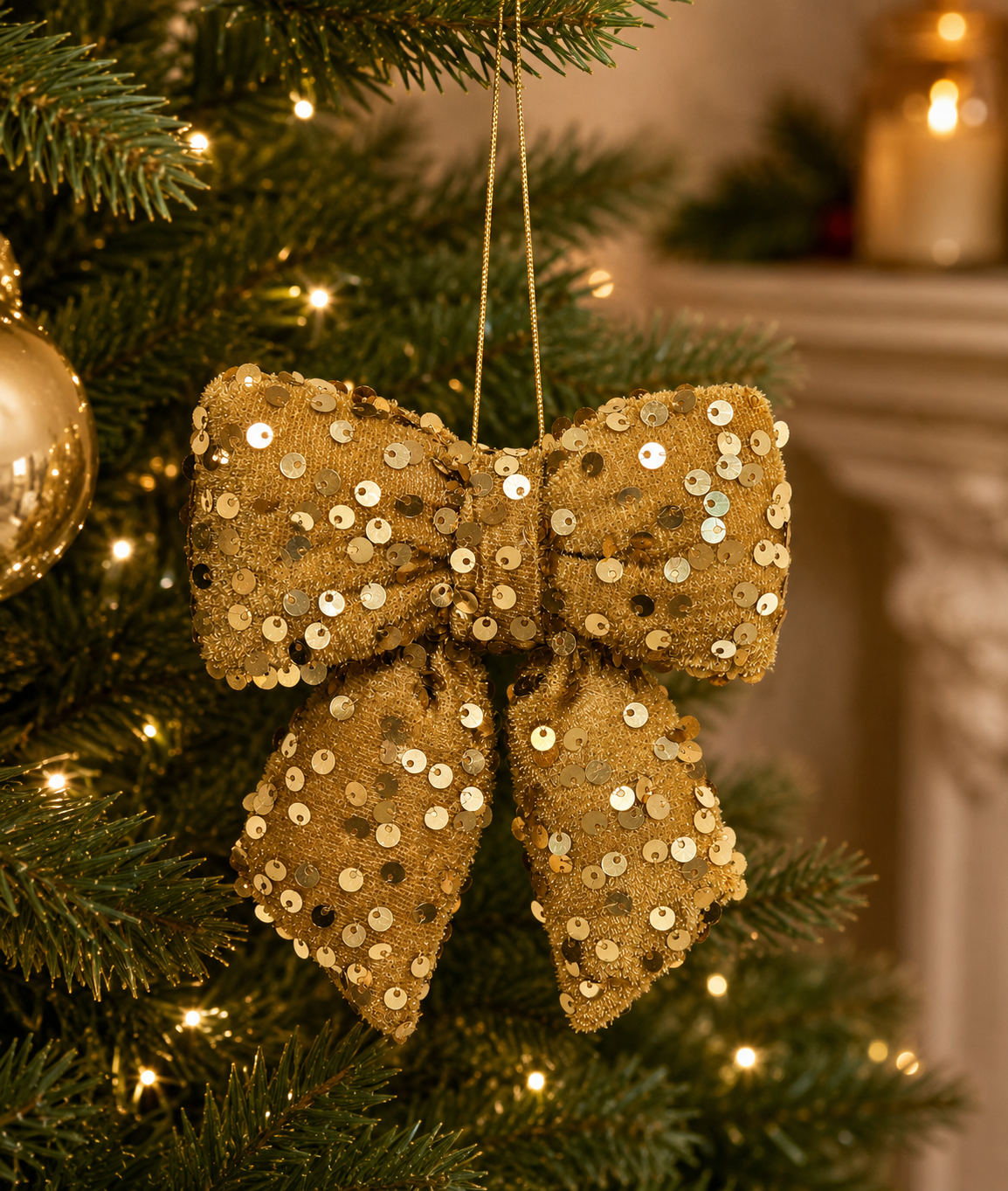 Gold velvet sequin bow Christmas ornament hanging on decorated tree — deep antique gold velvet bow with scattered sequins glowing warmly in tree lights