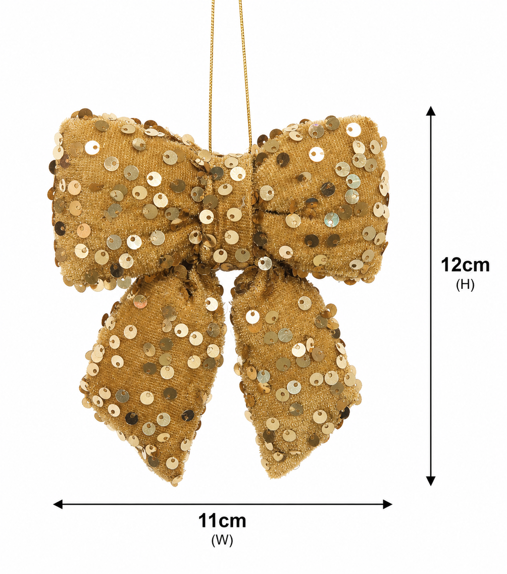 Gold velvet sequin bow ornament size guide — 11cm wide, 12cm tall, antique gold velvet with scattered sequin embellishment and gold hanging cord