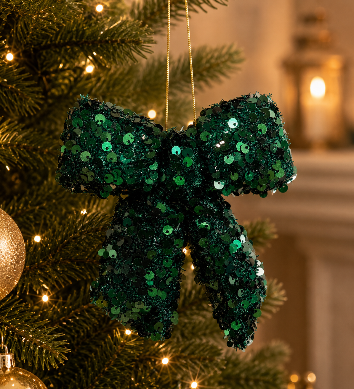 Emerald green sequin bow Christmas ornament hanging on decorated tree — deep forest green fully sequined bow with gold cord glowing in warm tree lights