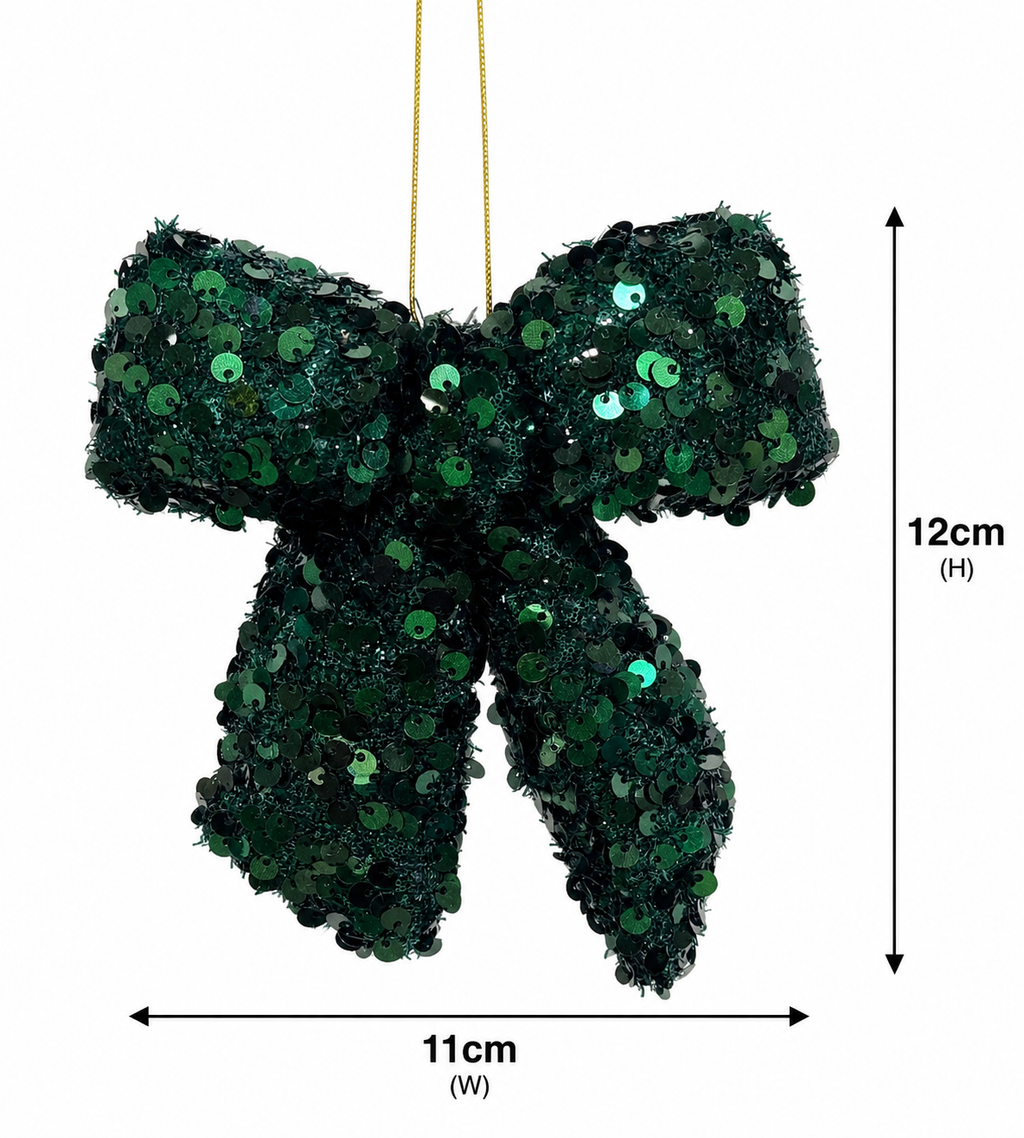 Emerald green sequin bow ornament size guide — 11cm wide, 12cm tall, deep green densely packed sequins with gold hanging cord
