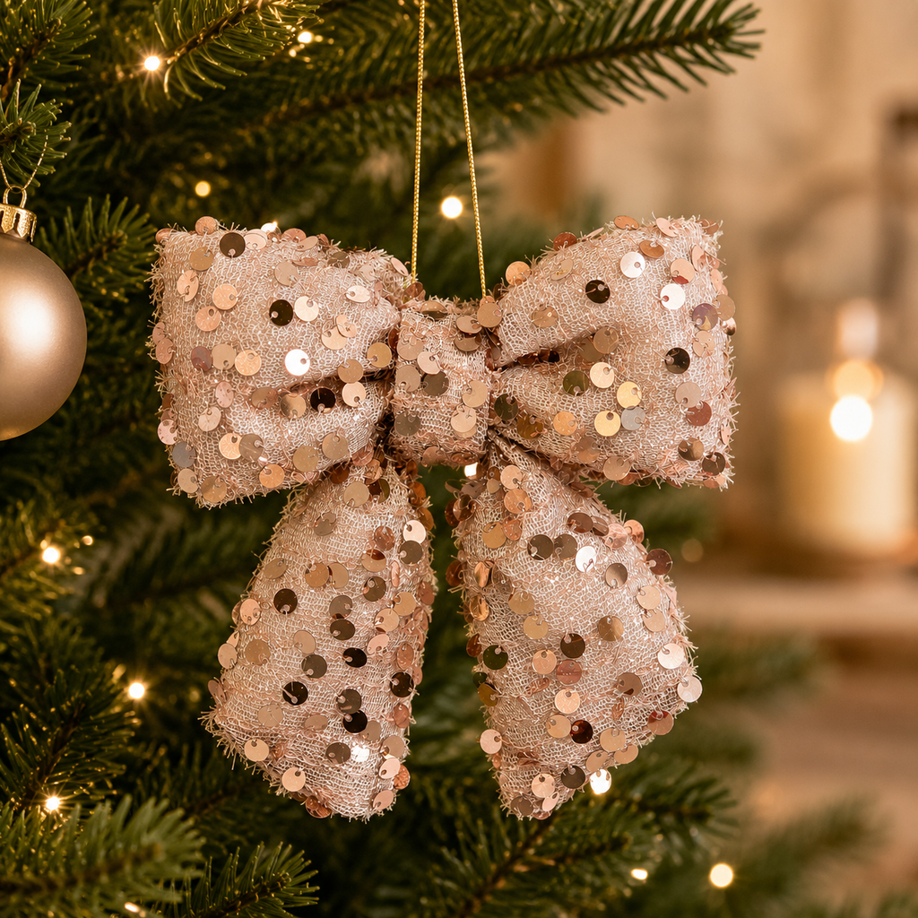 Pink sequin bow Christmas ornament hanging on decorated tree — blush pink mesh bow with scattered pink sequins glowing softly in warm tree lights
