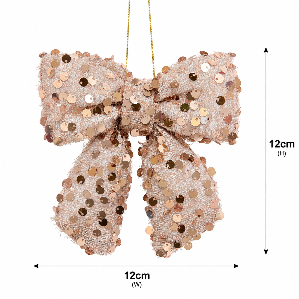 Pink sequin bow ornament size guide — 12cm wide, 12cm tall, blush pink open-weave mesh with scattered sequins and gold hanging cord