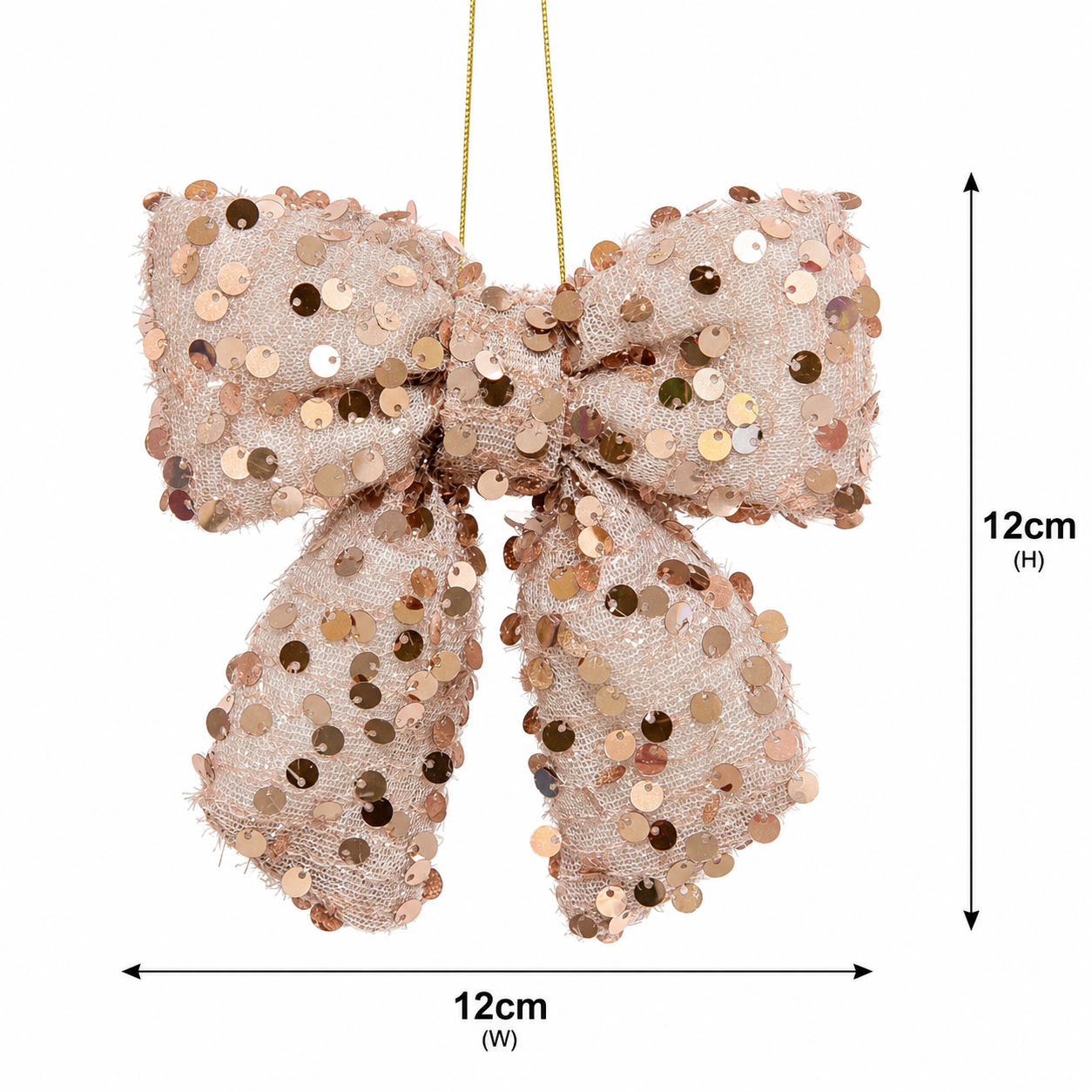 Pink sequin bow ornament size guide — 12cm wide, 12cm tall, blush pink open-weave mesh with scattered sequins and gold hanging cord