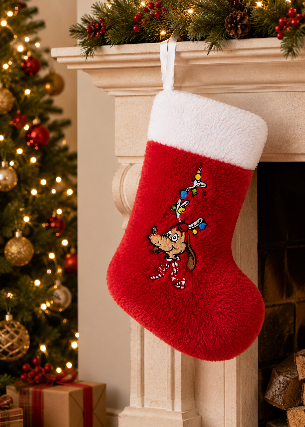 Max Christmas stocking hanging on fireplace mantle — red plush with embroidered Grinch dog character