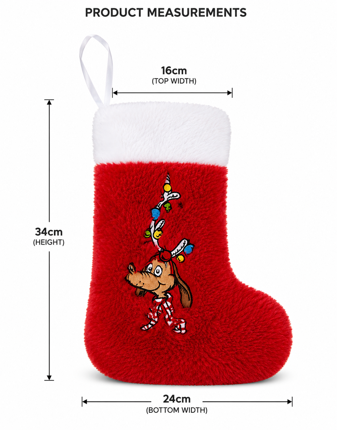 Max Christmas stocking product measurements — 34cm height, 16cm top width, 24cm bottom width