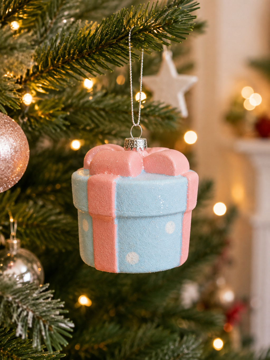 Blue and pink gift box Christmas ornament hanging on decorated tree — frosted pastel bauble with pink bow and polka dots