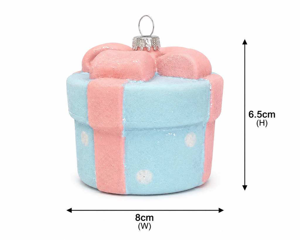 Blue pink hat box ornament size guide — 8cm wide, 6.5cm tall, frosted plastic with pink ribbon and bow detail