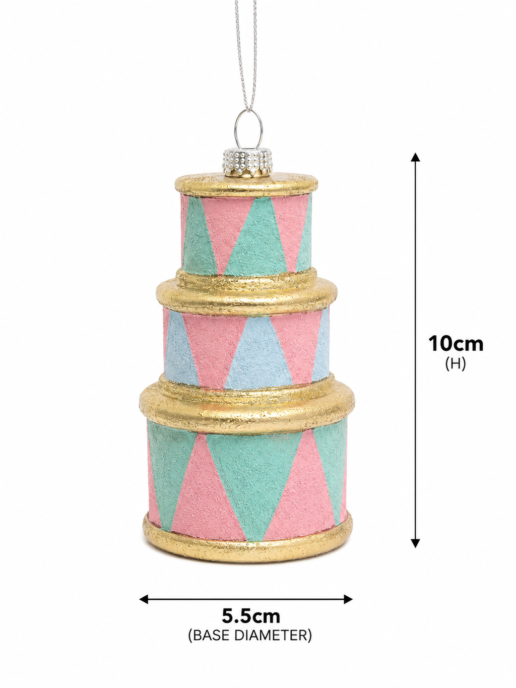 Stacked drums ornament size guide — 10cm tall, 5.5cm base diameter, pink mint blue diamond pattern with gold rim band