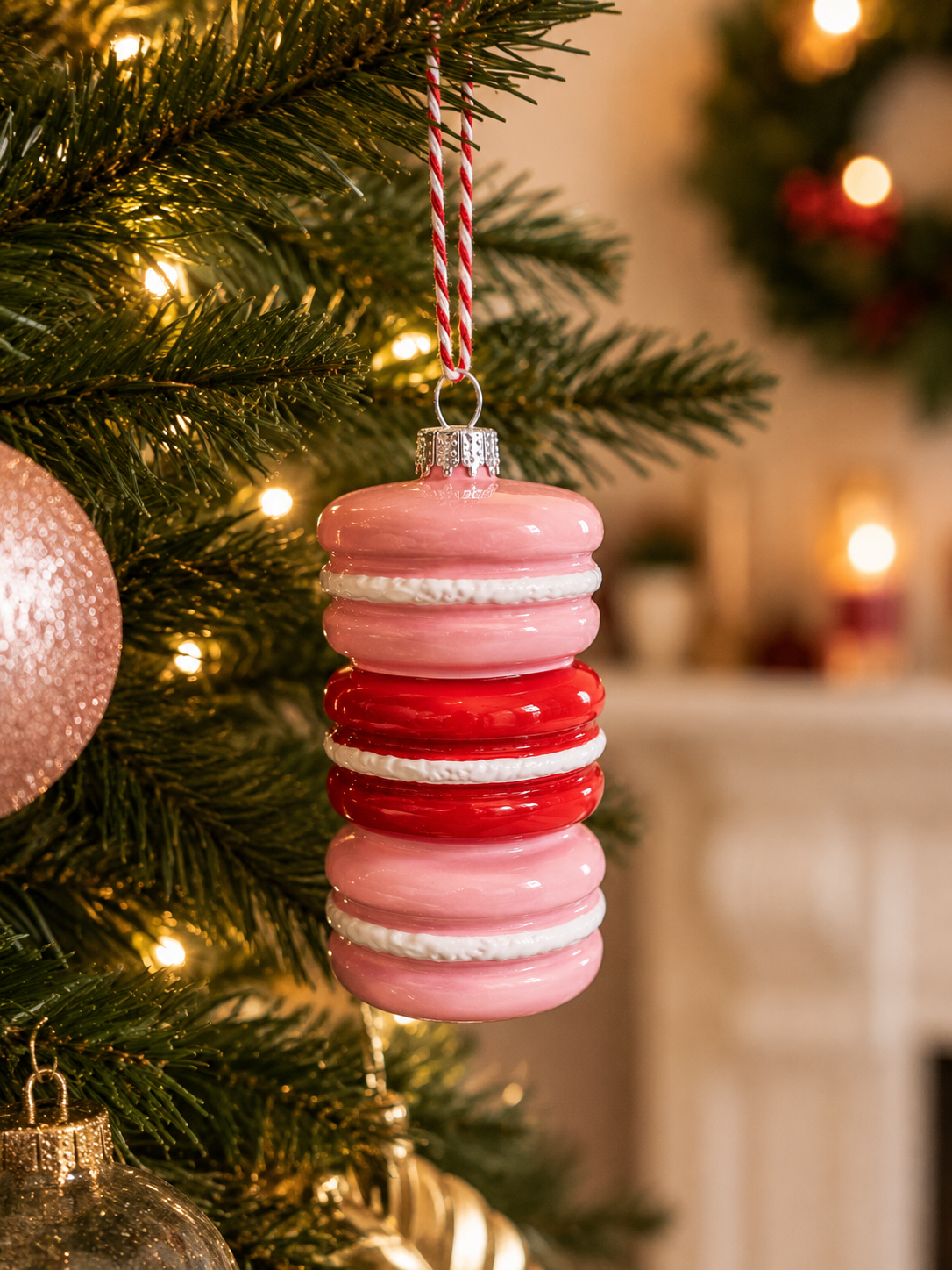 Stacked macarons Christmas ornament hanging on decorated tree — pink and red glossy macarons with white cream filling and candy cane twist cord