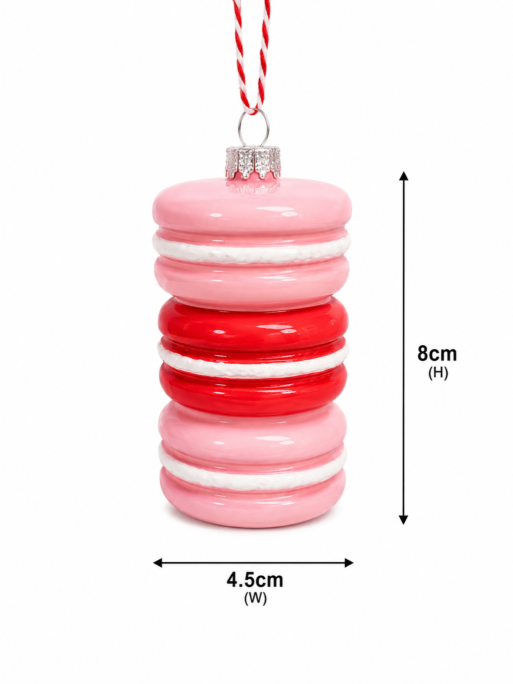 Stacked macarons ornament size guide — 8cm tall, 4.5cm wide, pink and red glossy finish with red and white hanging cord