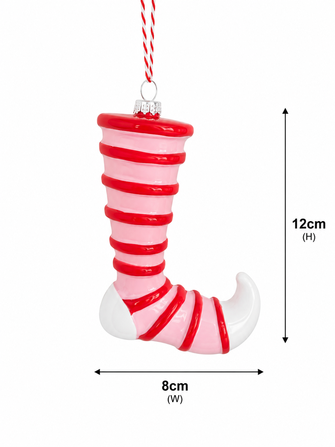 Elf shoe ornament size guide — 12cm tall, 8cm wide, pink and red gloss candy stripe with white toe and candy cane hanging cord