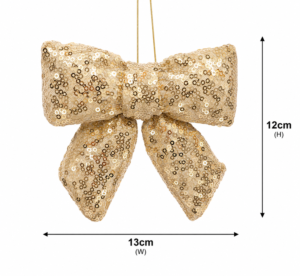 Gold sequin bow ornament size guide — 13cm wide, 12cm tall, fully sequined champagne gold with gold hanging cord