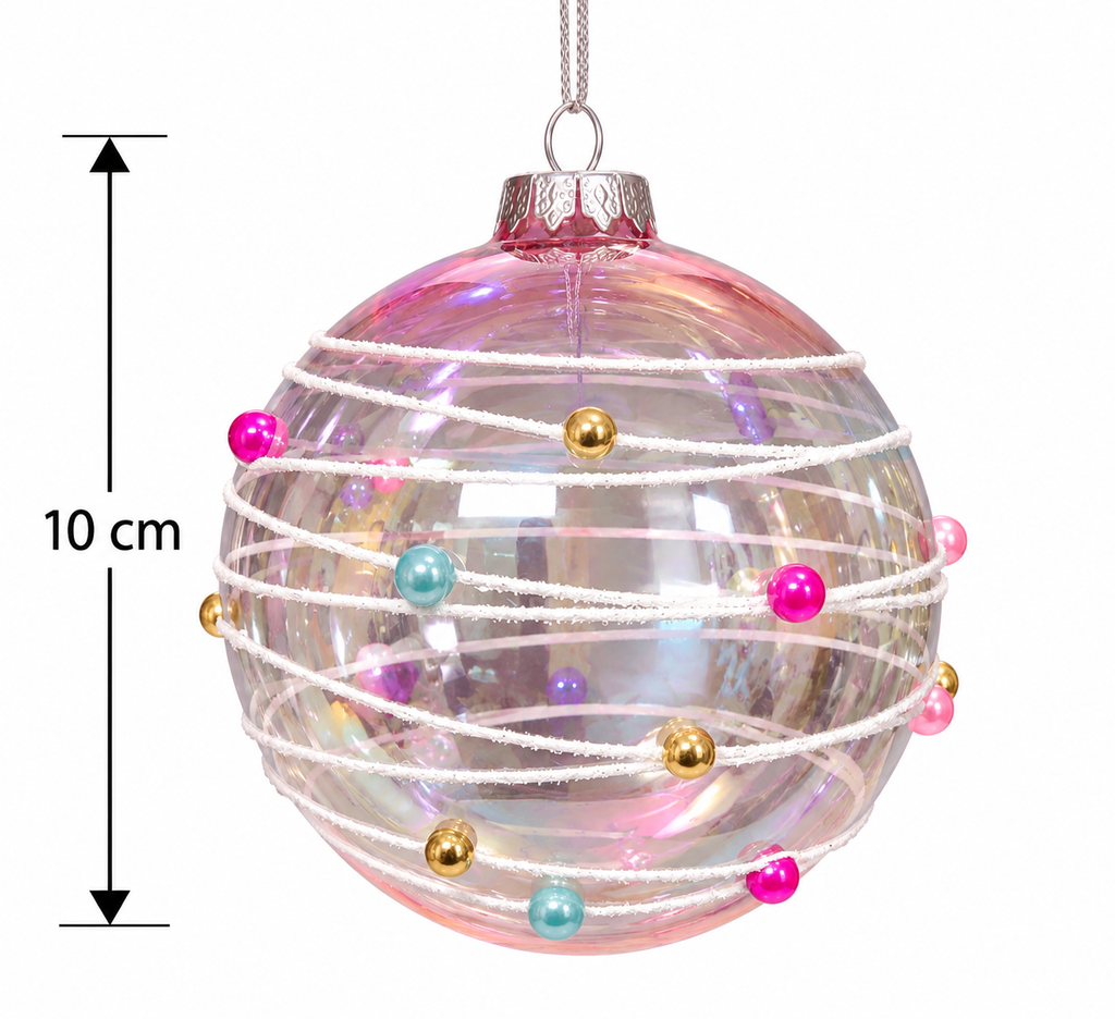 Clear iridescent pink glass bauble with white cord, pearl beads and silver cap on white, shown with a 10cm height measurement