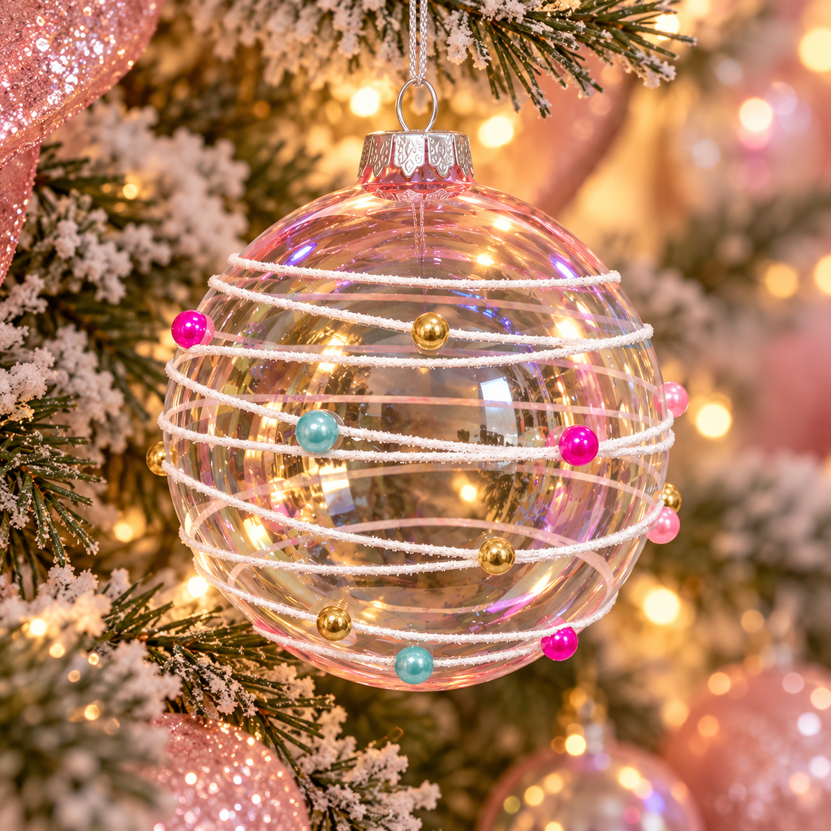 Iridescent pink glass bauble wrapped in white cord with fuchsia, gold and teal pearl beads, hanging on a frosted Christmas tree with fairy lights and pink baubles