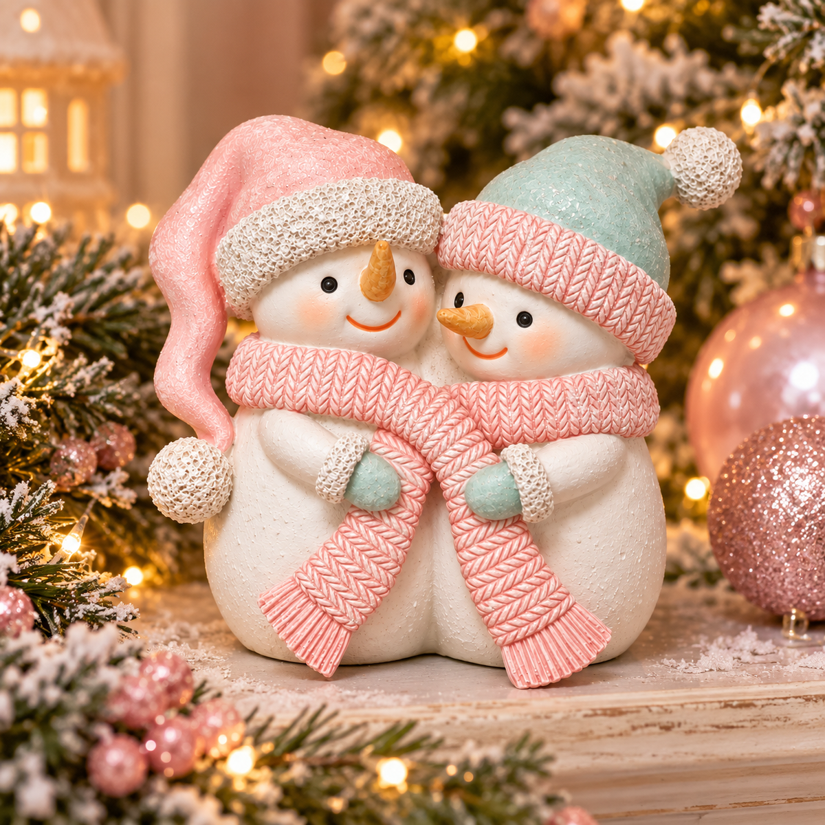 Two cuddling snowmen figurine in pink and mint hats sharing a pink knit scarf, styled on a shelf with a frosted Christmas tree, rose gold baubles and fairy lights