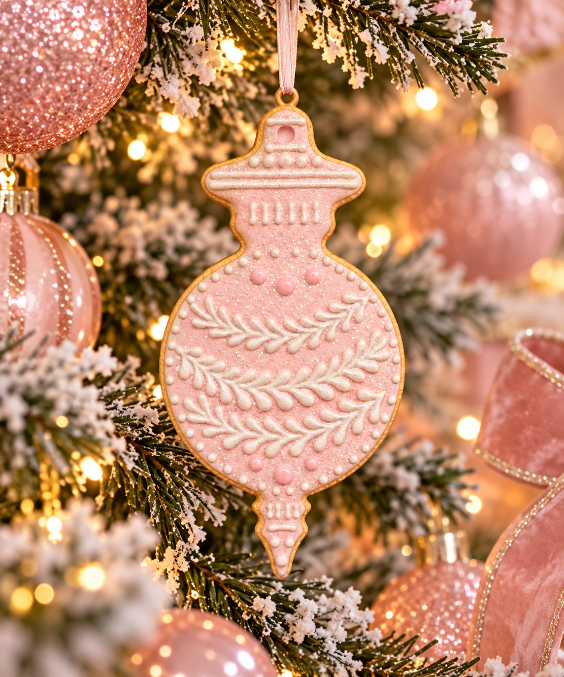 Pink iced cookie ornament with white piped leaf detail hanging on a snowy Christmas tree among blush pink baubles and fairy lights