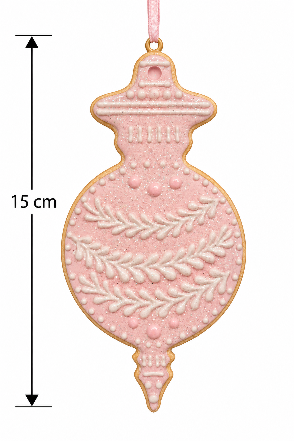 Pink glitter iced cookie ornament with white piped icing detail and pink ribbon hanger, shown with a 15cm height measurement