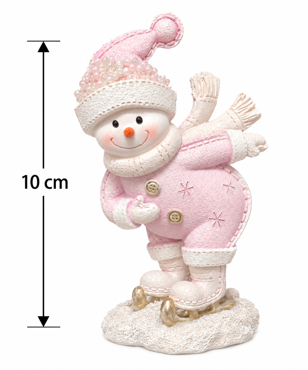 Pink skating snowman figurine with pearl hat, gold buttons and gold ice skates on a snowy base, shown on white with a 10cm height measurement