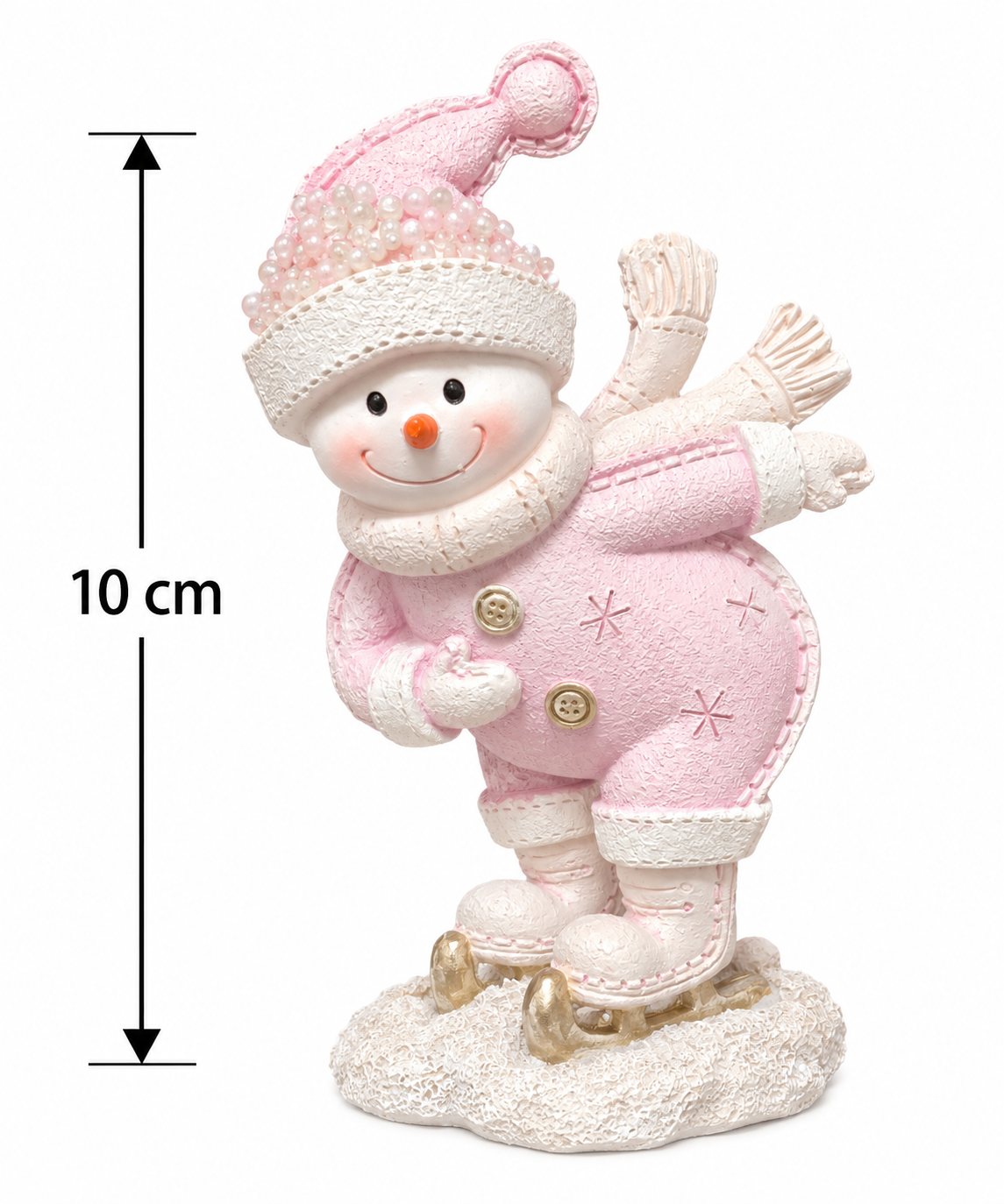 Pink skating snowman figurine with pearl hat, gold buttons and gold ice skates on a snowy base, shown on white with a 10cm height measurement
