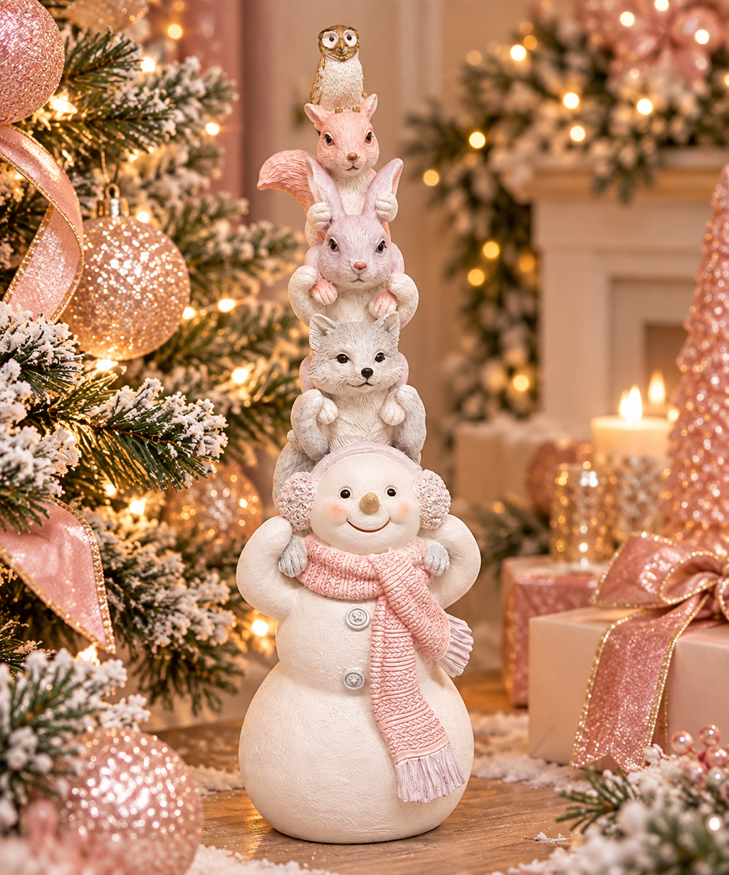 Stacked snowman figurine with pink knit scarf and earmuffs holding a fox, bunny, squirrel and owl, styled beside a frosted Christmas tree with rose gold baubles and a glowing fireplace