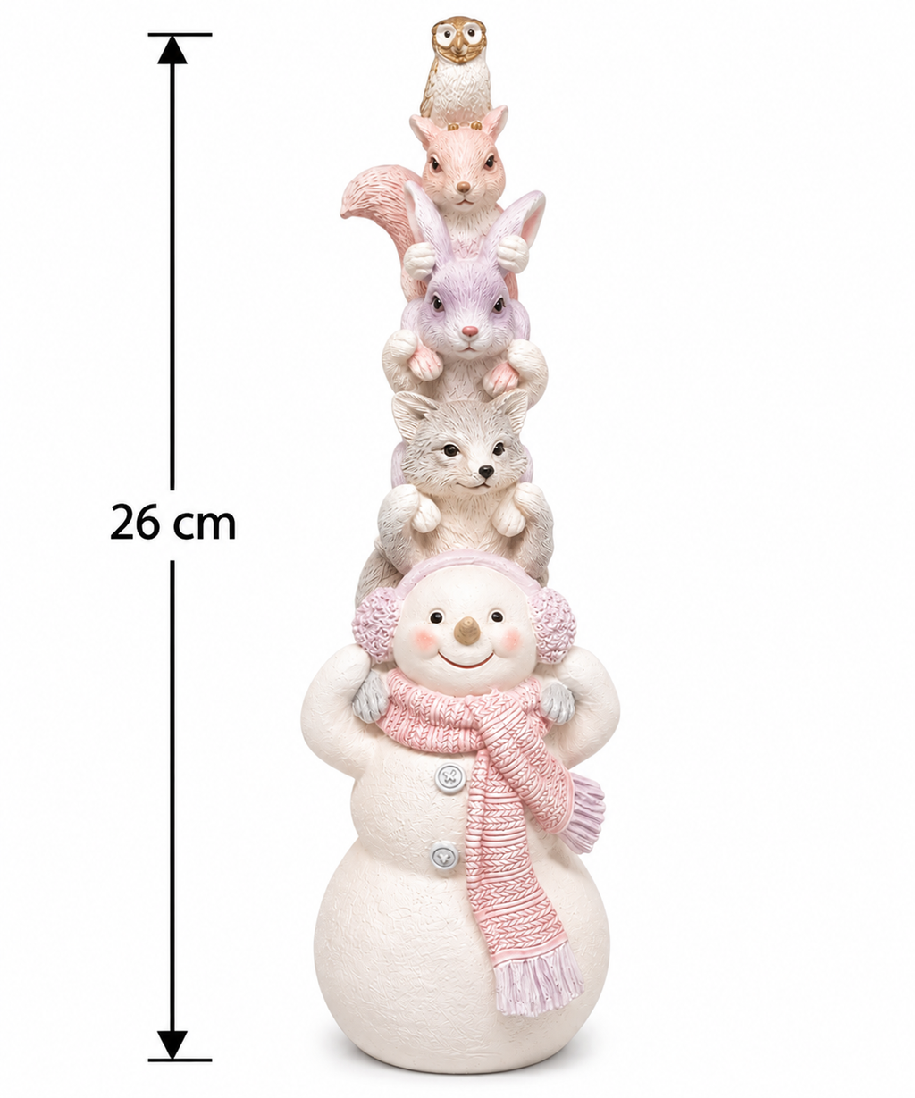 Snowman and woodland animals stacked resin figurine with fox, bunny, squirrel and owl on white, shown with a 26cm height measurement