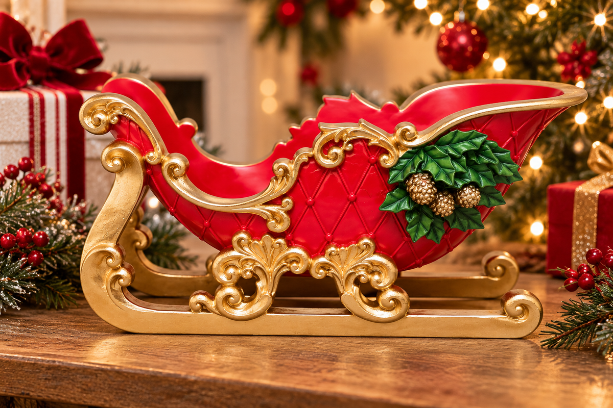 Red and gold baroque Christmas sleigh decoration with holly leaves and golden pinecones on a wooden table in front of a lit Christmas tree and wrapped gifts