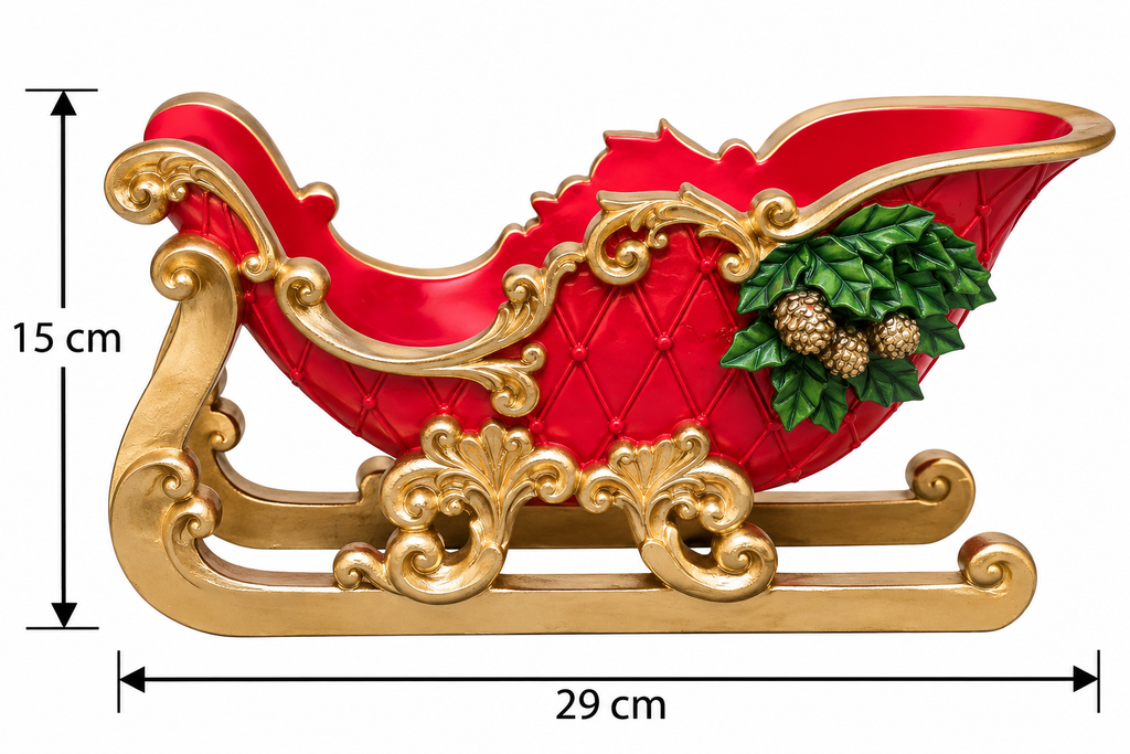Red and gold decorative Christmas sleigh with quilted diamond pattern, gold scrollwork and holly detail, shown with 29cm length and 15cm height measurements