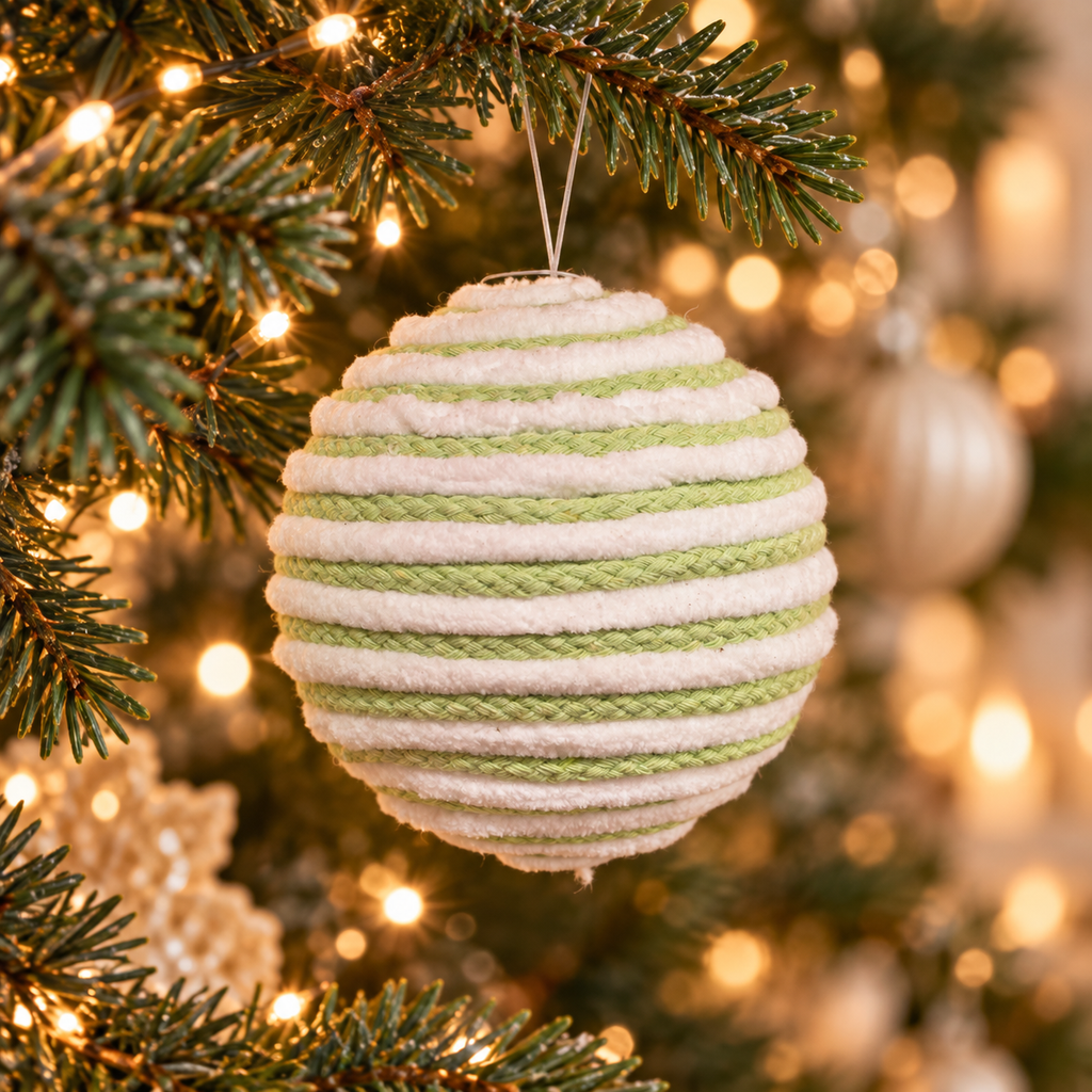 Green and white striped wrapped cord bauble with soft chenille texture hanging on a Christmas tree with warm fairy lights