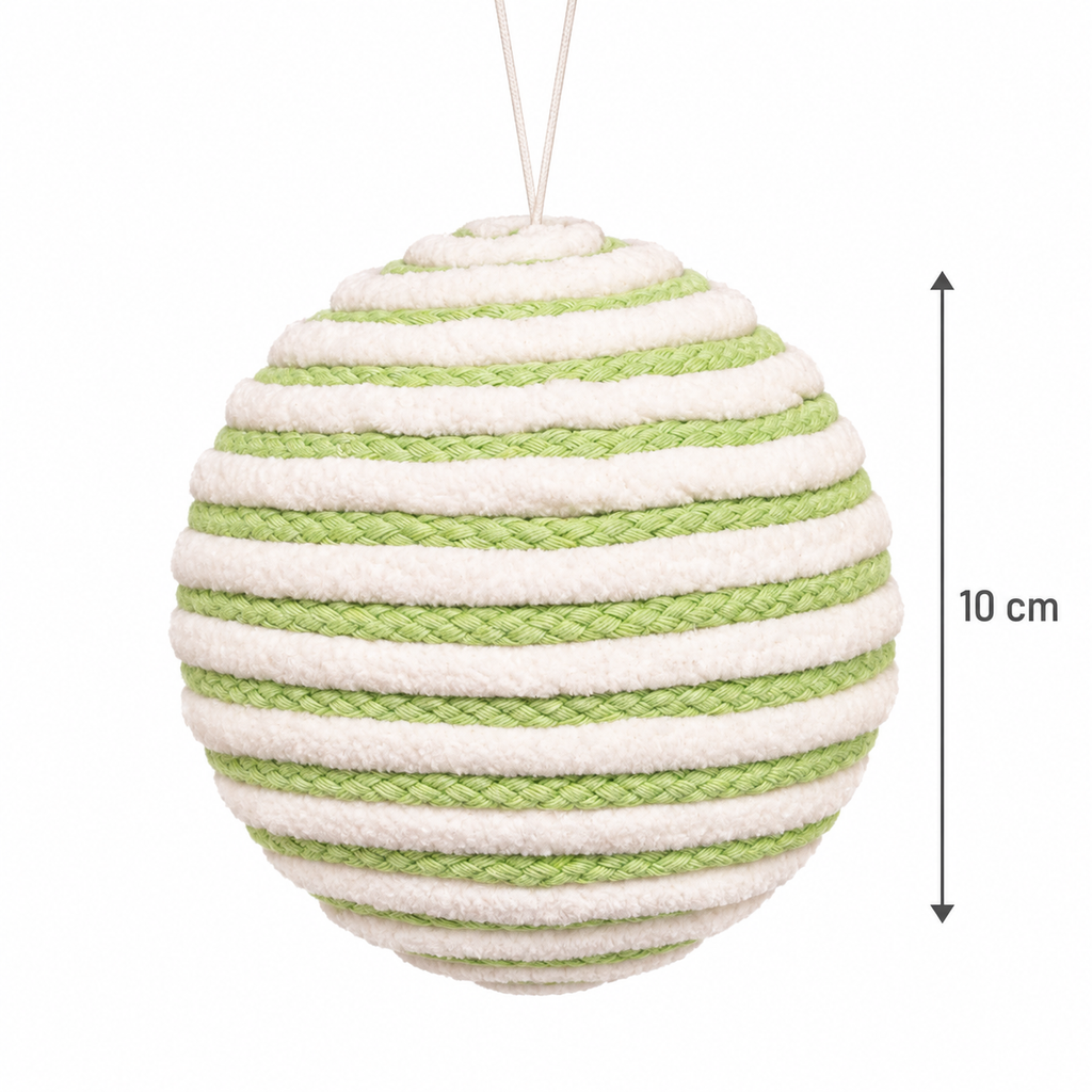 Lime green and white spiral stripe fabric cord Christmas bauble with cream hanger, shown with a 10cm size measurement