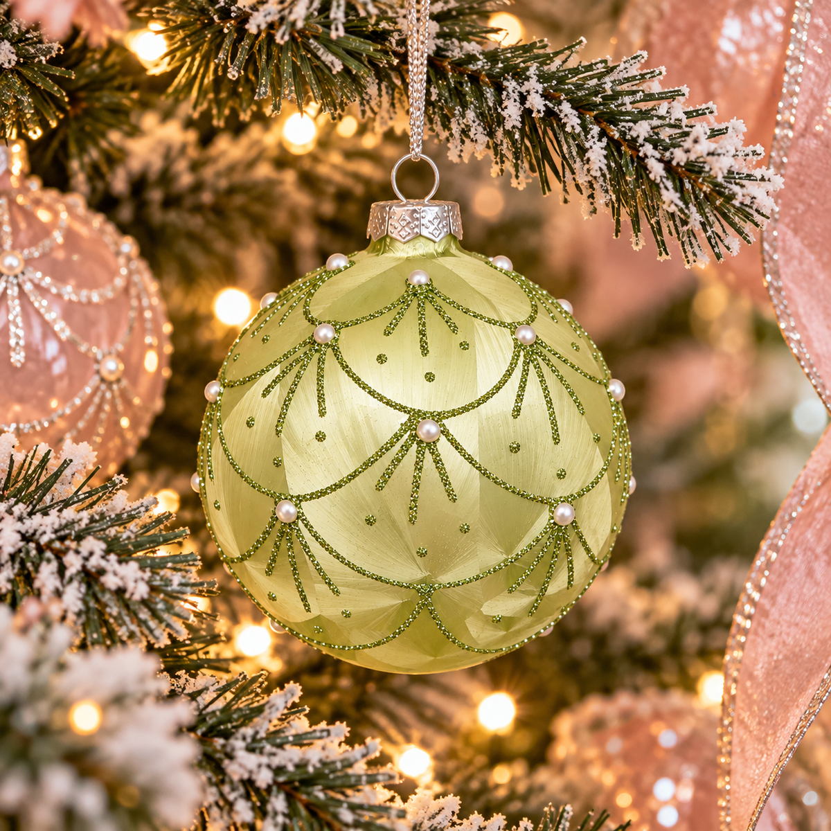 Pistachio green glass bauble with green glitter scallops and pearl beads hanging on a snowy Christmas tree among blush pink baubles and fairy lights