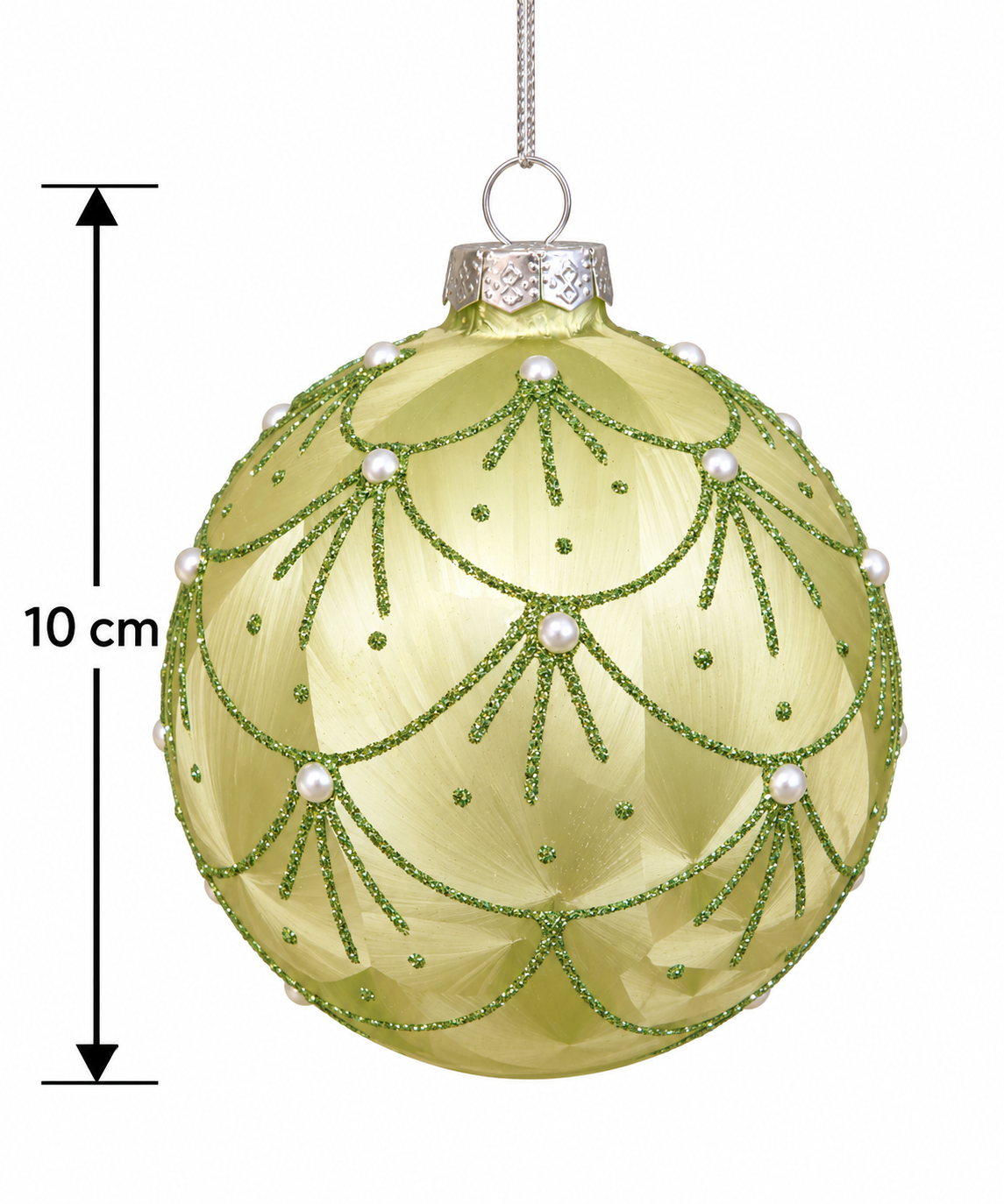 Pale green glass Christmas bauble with glittered scallop pattern, pearl details and silver cap, shown with a 10cm size measurement