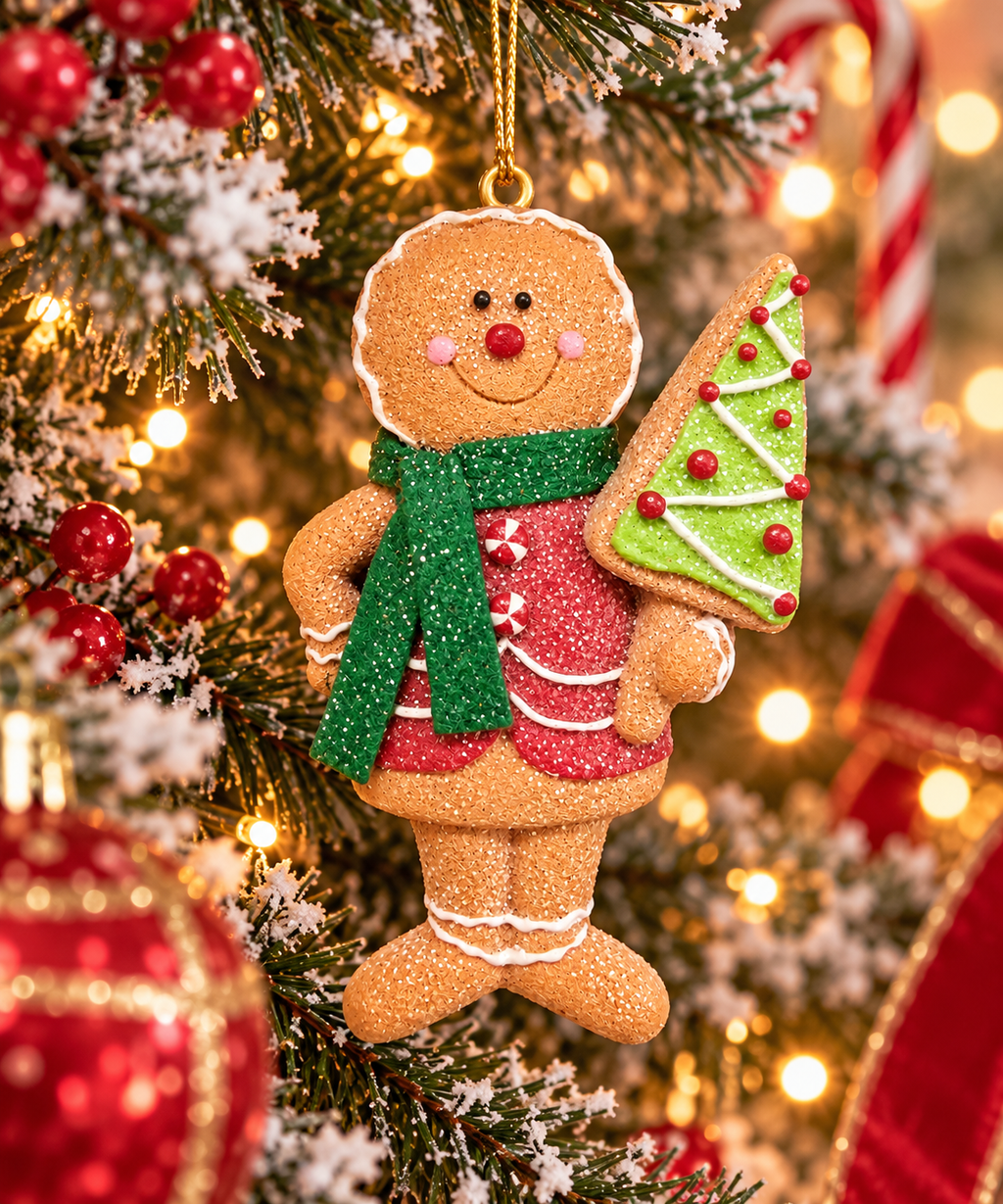 Gingerbread man ornament with green scarf, red jacket and iced tree cookie hanging on a snowy Christmas tree with red berries and fairy lights