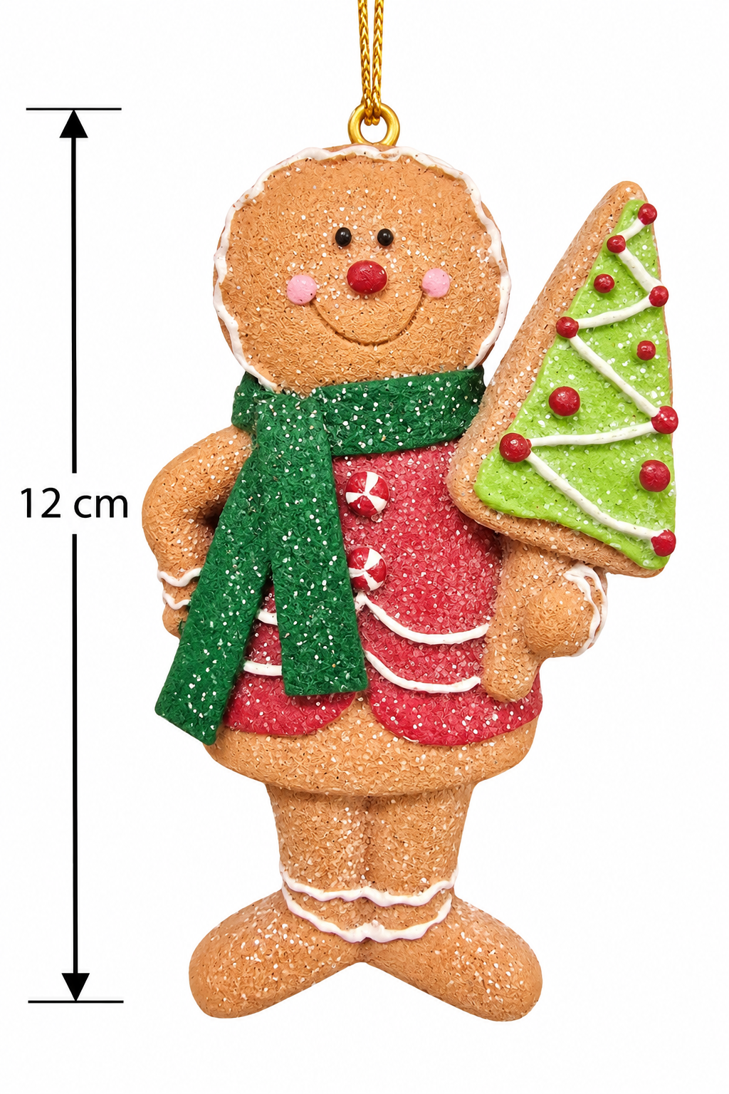 Smiling gingerbread man Christmas ornament holding a green iced tree cookie, with gold cord hanger, shown with a 12cm height measurement