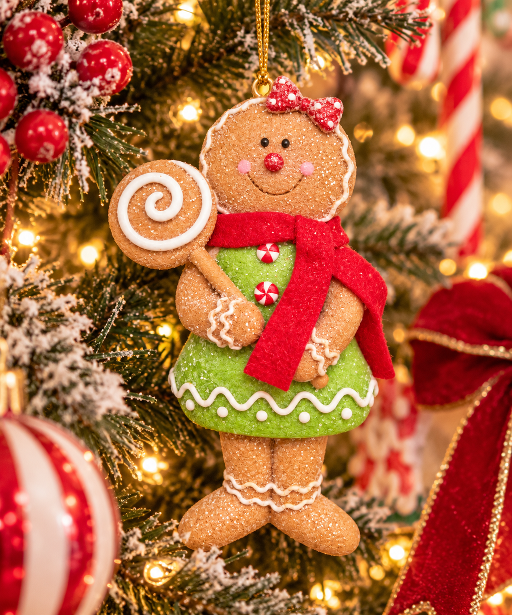 Gingerbread girl ornament with red polka dot bow, red scarf and green dress holding a swirl lollipop cookie, hanging on a snowy Christmas tree with red berries and fairy lights