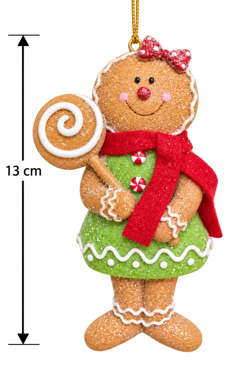 Smiling gingerbread girl Christmas ornament with lollipop cookie and gold cord hanger, shown with a 13cm height measurement