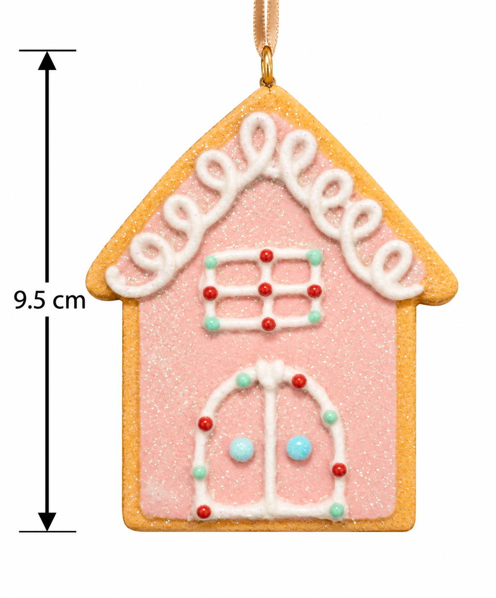 Pink gingerbread house Christmas ornament with ribbon hanger, glitter icing and candy window and door detail, shown with a 9.5cm height measurement